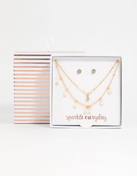 Gold Layered Pearl Necklace & Diamante Stud Earrings Set - link has visual effect only