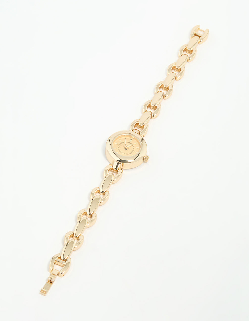 Discover a small chain strap watch in gold with yellow dial, round shape, link band strap, designed for women, perfect for casual occasions with analog type in front view
