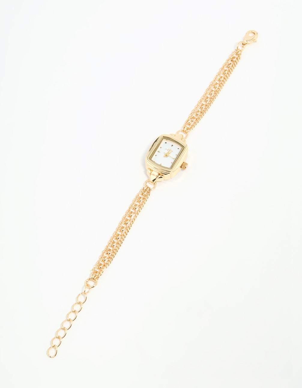Elegant women's watch bracelet in gold, white rectangle dial, link band strap, designed for casual occasions with analog timekeeping front view