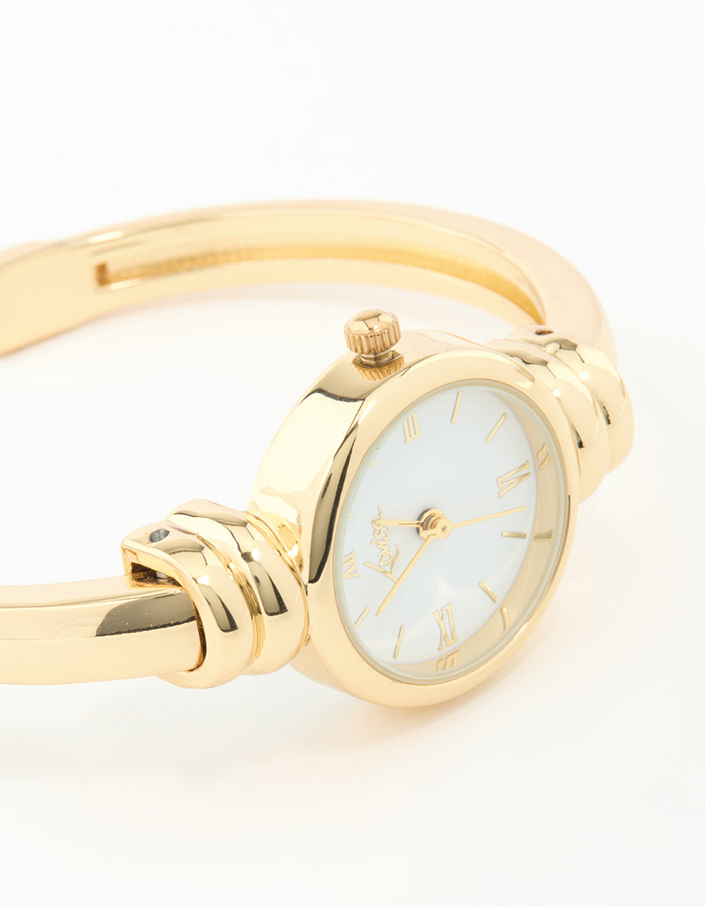 Beautifully crafted women's white dial roman numeral round shaped analog watch in gold for casual occasions featuring statement style bangle bracelet design watch face detail view