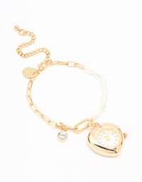 Gold Pearl Heart Watch Bracelet - link has visual effect only