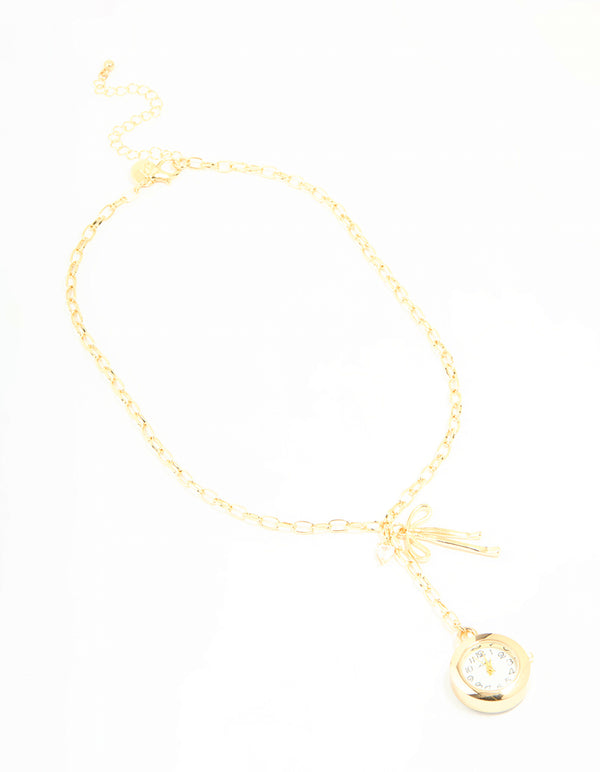 Gold Watch & Bow Charm Necklace