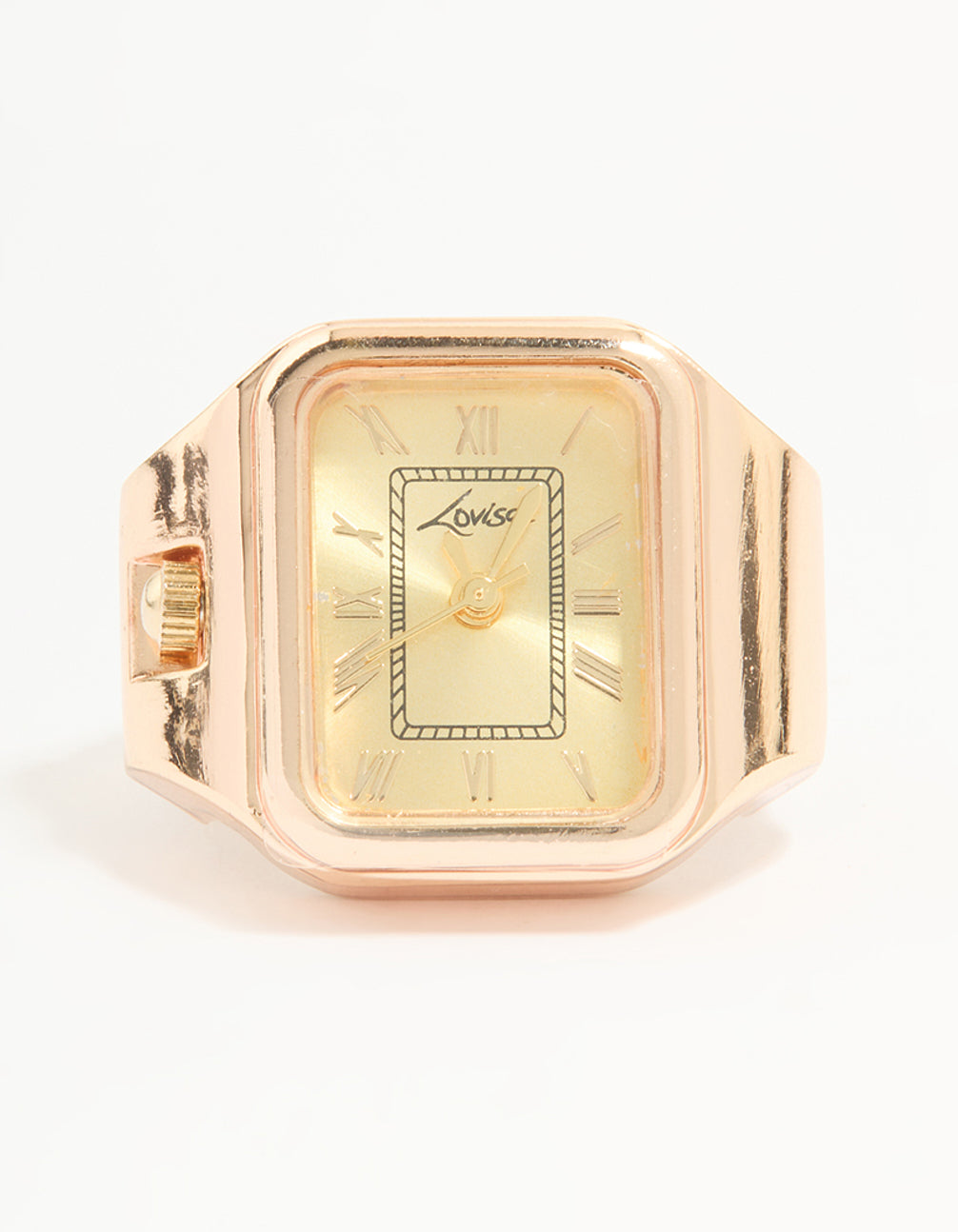Introducing a statement watch ring featuring roman numeral numbers on a yellow dial, rectangle shaped face, casual analog timepiece for women in gold watch face detail view