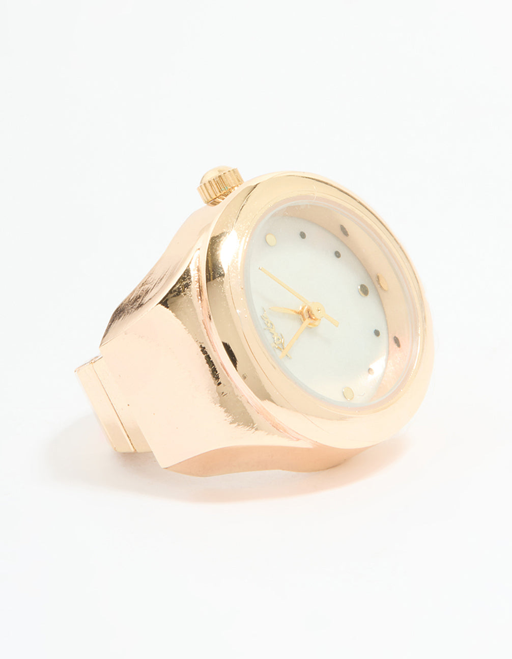 Presenting a vintage watch ring in white dial with round shape, analog casual women's timepiece, crafted from gold with round stone cut watch face detail view
