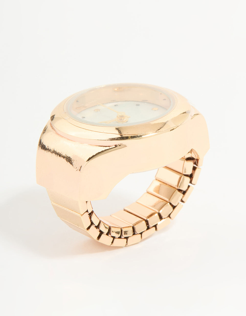 Discover a vintage watch ring in white dial with round shape, analog casual women's timepiece, crafted from gold with round stone cut front view