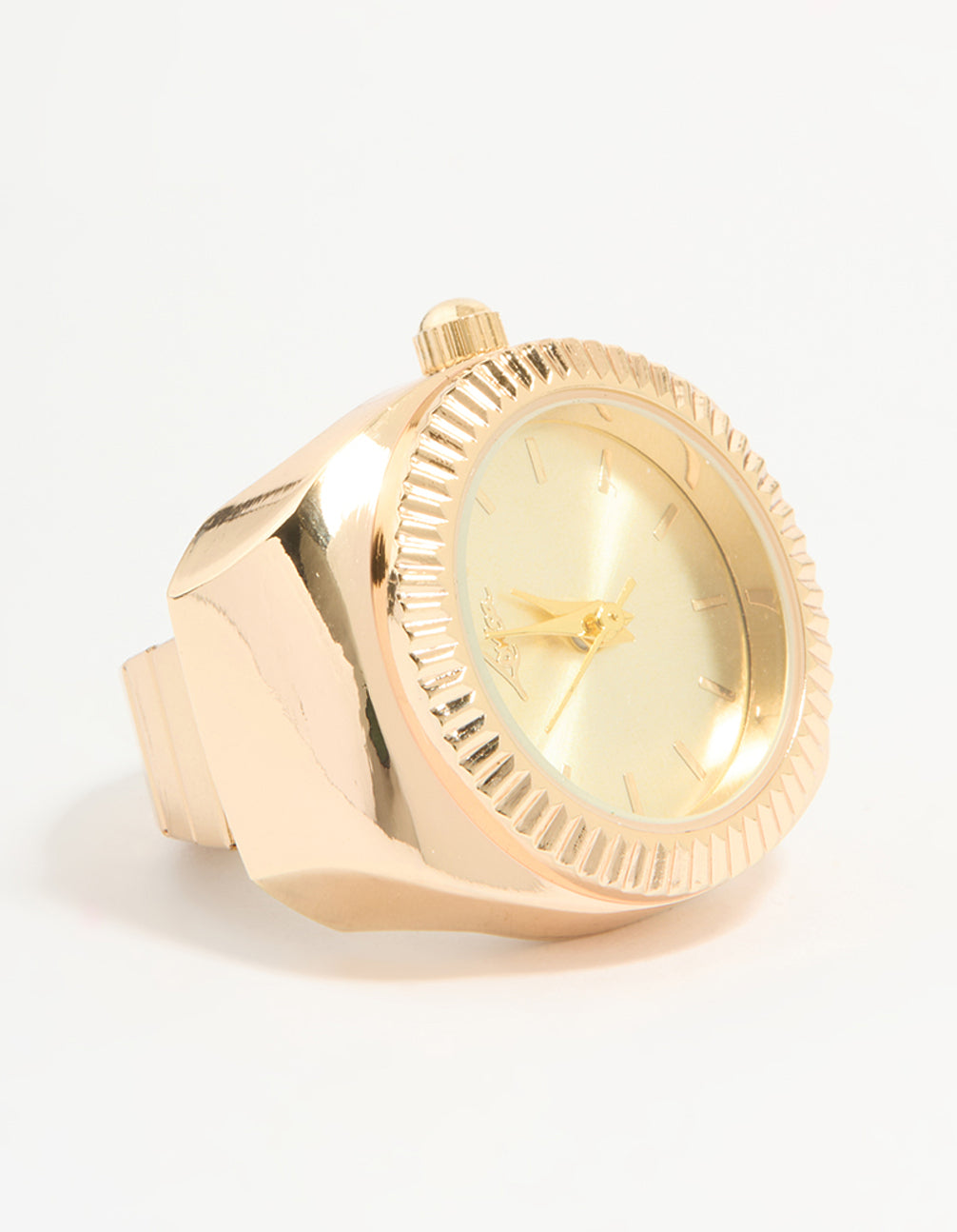 Showcasing a statement gold watch ring for women with fluted bezel, gold dial, round shape, analog casual design front view