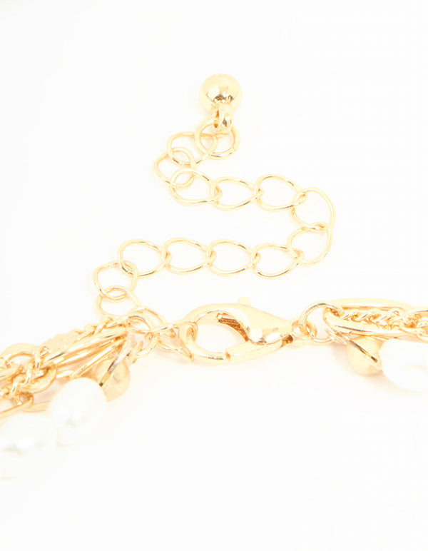 Gold Pearl Watch & Flower Layered Necklace