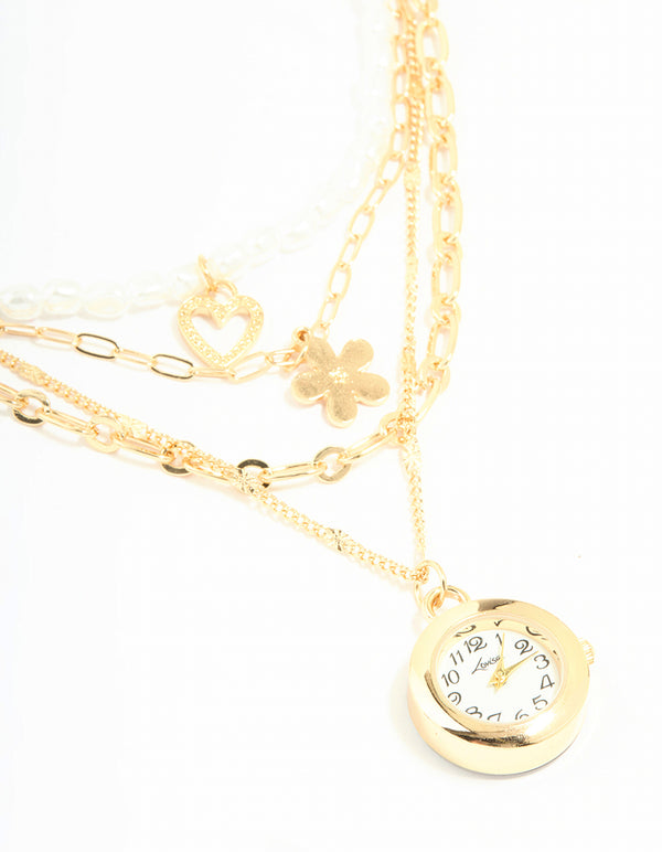 Gold Pearl Watch & Flower Layered Necklace