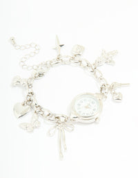 Silver Watch & Bow Charm Bracelet - link has visual effect only