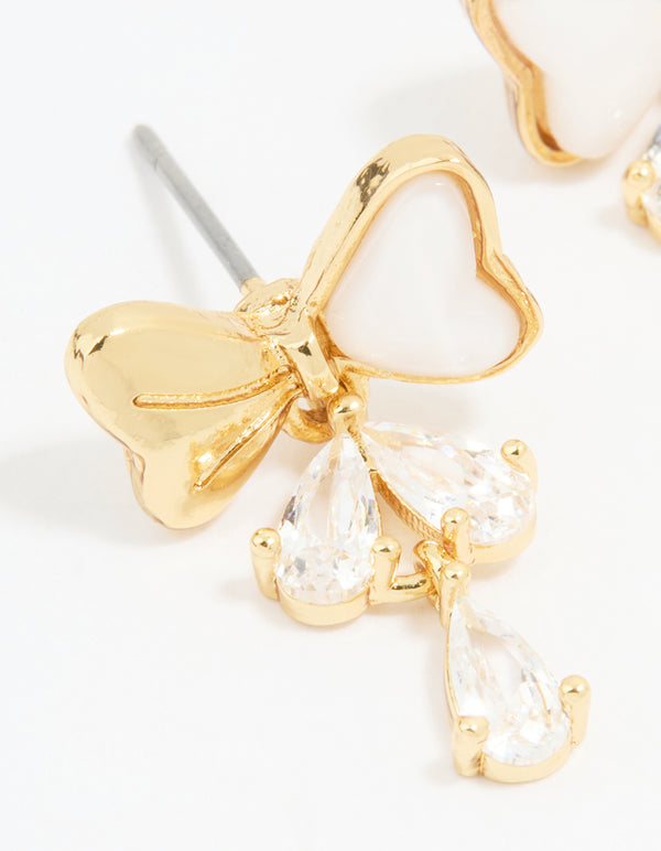 Gold Plated Cubic Zirconia Bow Teardrop Drop Earrings