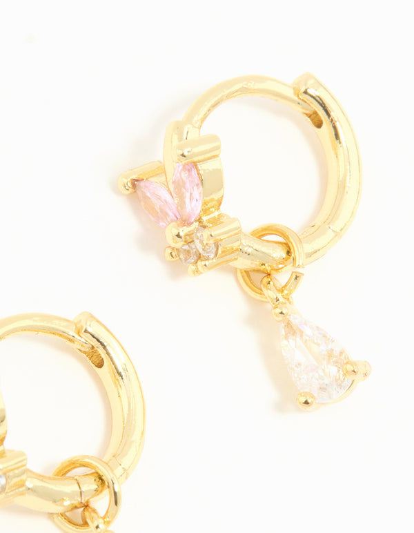 Gold Plated Pink Cubic Zirconia Butterfly Drop Huggie Earrings
