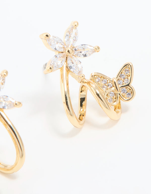 Gold Plated Cubic Zirconia Flower Butterfly Ear Jacket Earrings