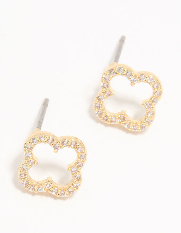 Gold Plated Cubic Zirconia Flower Outline Stud Earrings