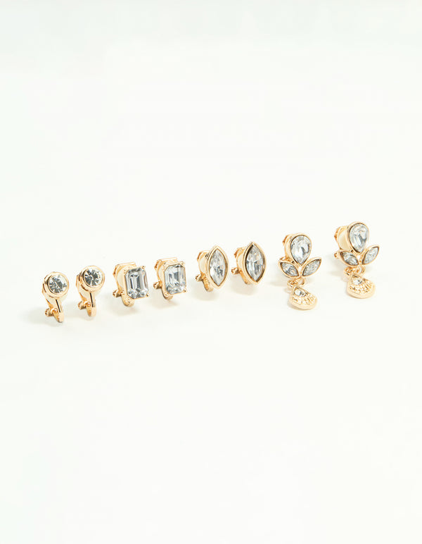 Gold Diamante Mixed Shape Clip-On Earrings 4-Pack