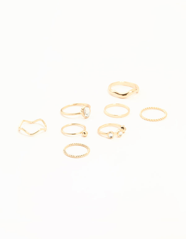 Gold Diamante Zigzag & Twisted Stacking Rings 8-Pack