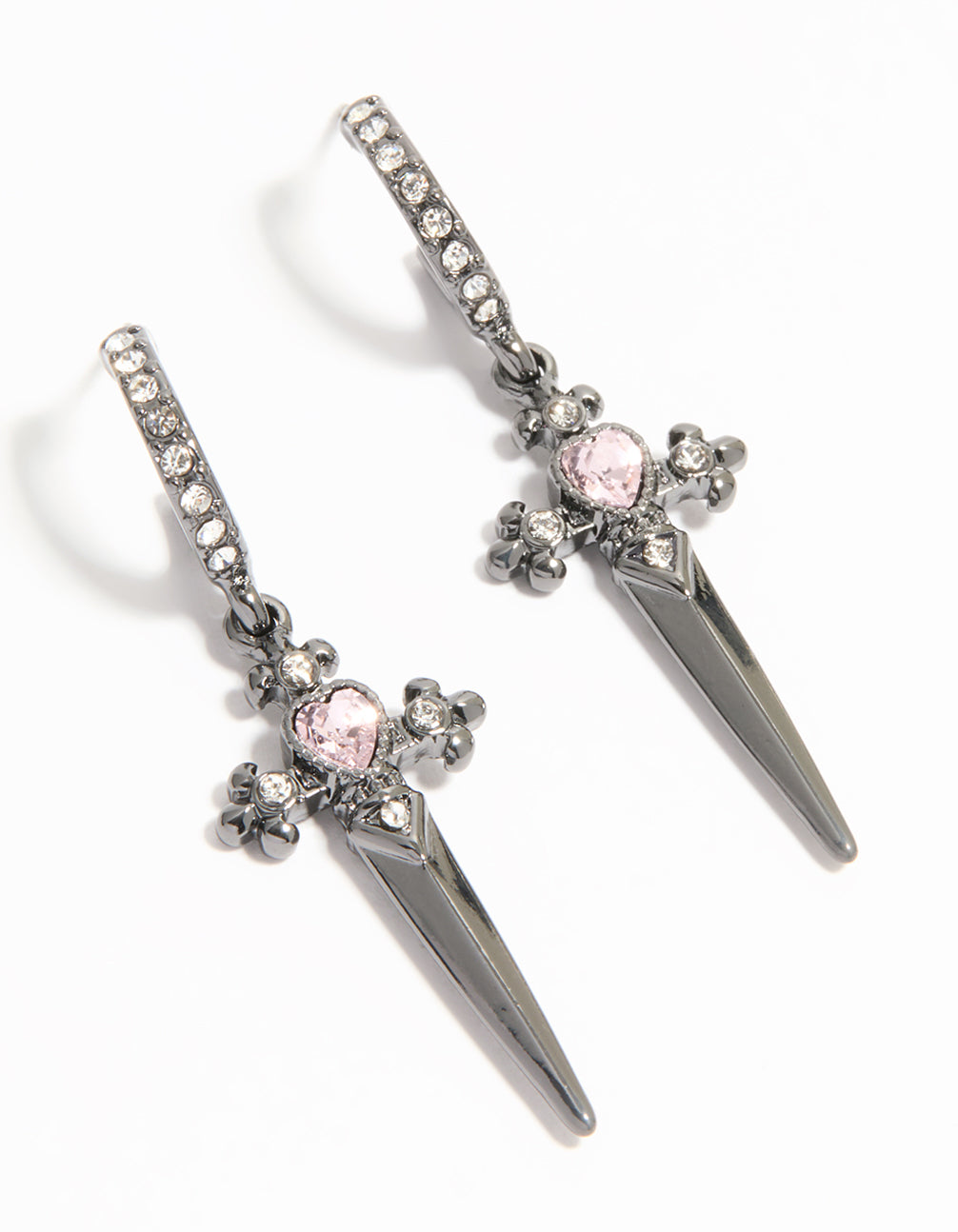 Gunmetal Pink Diamante Dagger Huggie Earrings