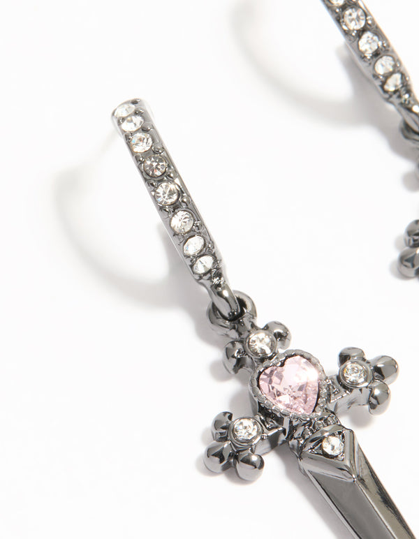 Gunmetal Pink Diamante Dagger Huggie Earrings