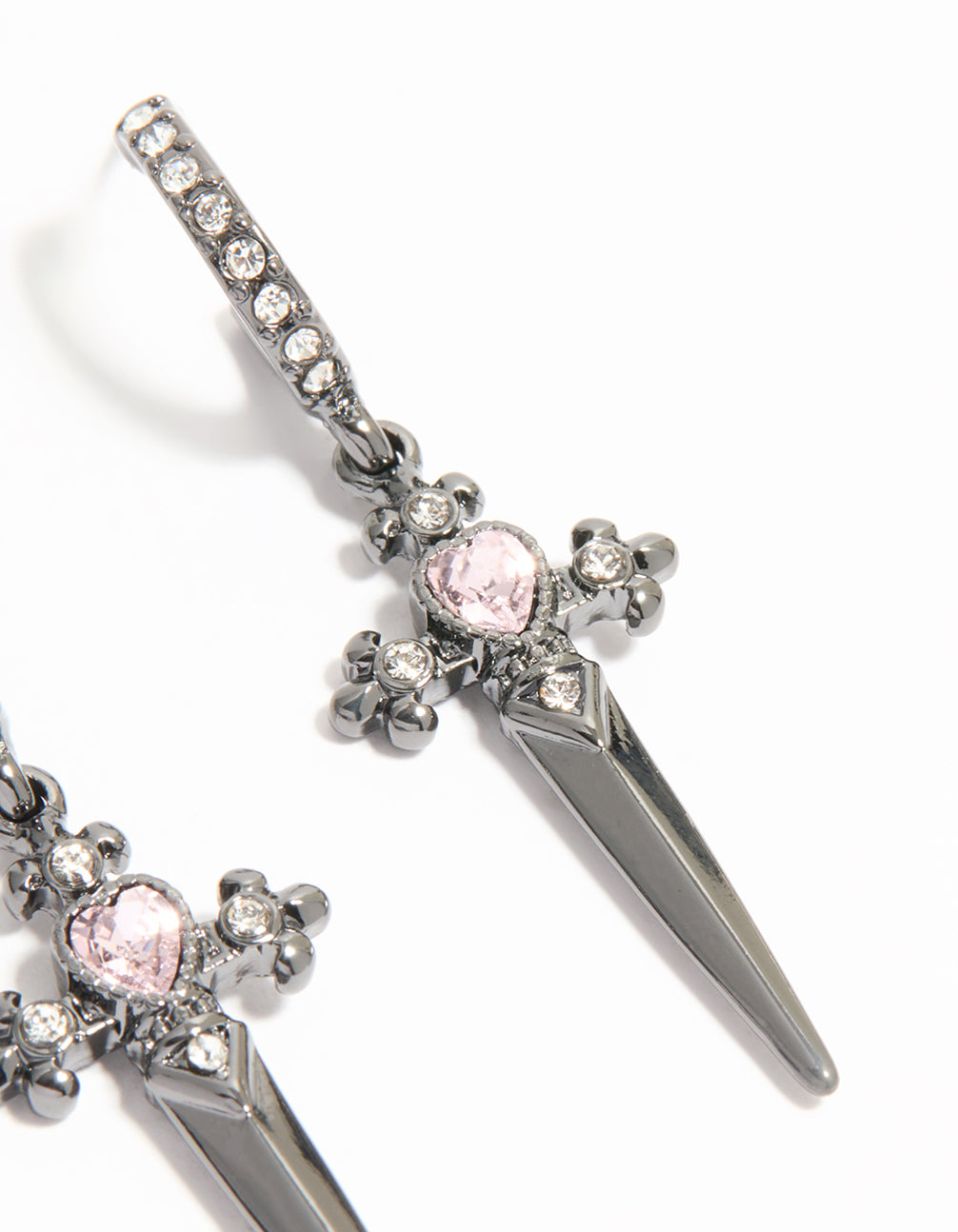 Gunmetal Pink Diamante Dagger Huggie Earrings