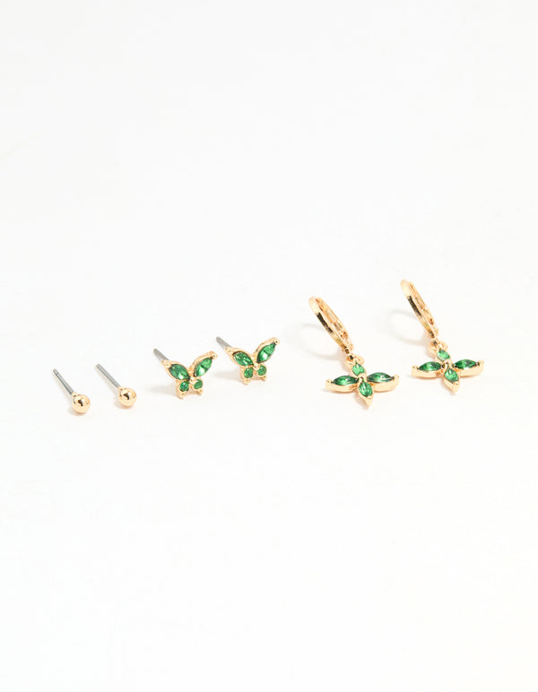 Gold Green Diamante Butterfly & Cross Mixed Stud Earrings 3-Pack