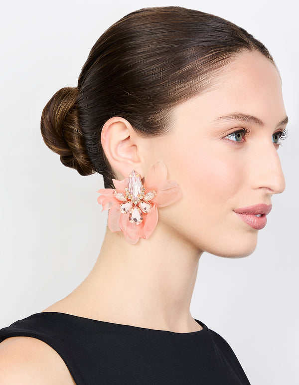 Pink Fabric Diamante Marquise Cluster Flower Petal Earrings