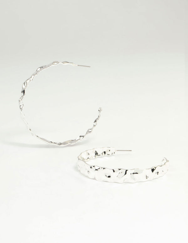 Silver Hammered Flat Hoop Earrings