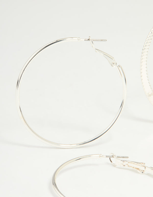 Silver Textured & Plain Hoop Earrings 2-Pack