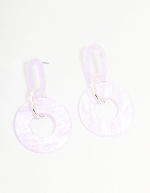 Silver Pink Acrylic Circle Link Drop Earrings