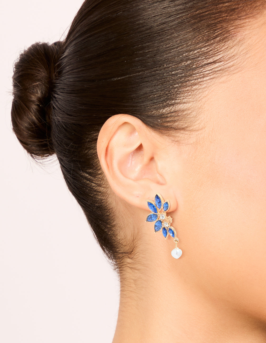 Gold Blue Diamante Pearl Marquise Stud Earrings