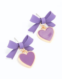 Gold Light Purple Coated Metal Bow Heart Drop Stud Earrings - link has visual effect only