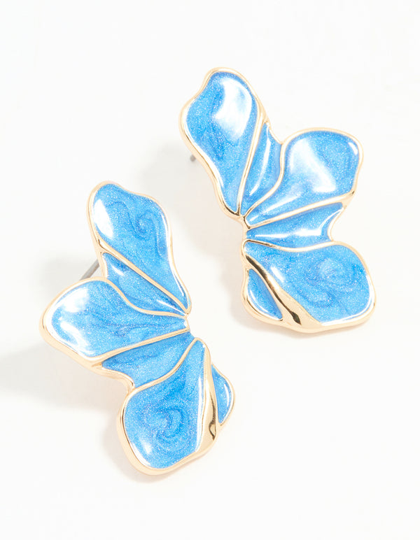 Gold Blue Half Flower Stud Earrings