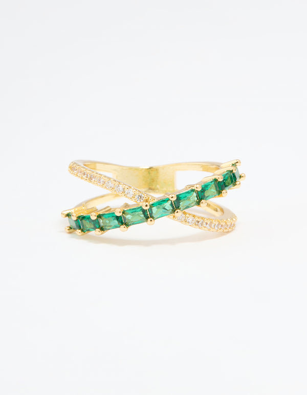 Gold Plated Green Cubic Zirconia Criss Cross Ring