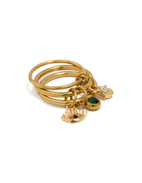 Showcasing a waterproof gold plated stainless steel charm stacked ring featuring evil-eye detailing front view - link has visual effect only