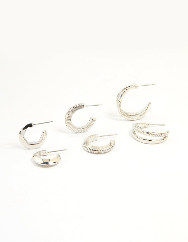 Silver Smooth & Ribbed Hoop Earrings 3- Pack