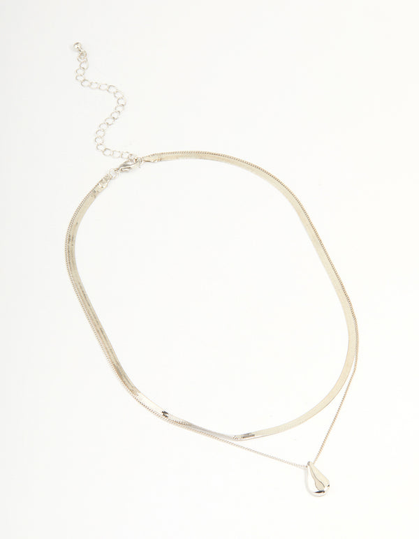 Silver Snake Chain & Organic Pendant Layered Necklace