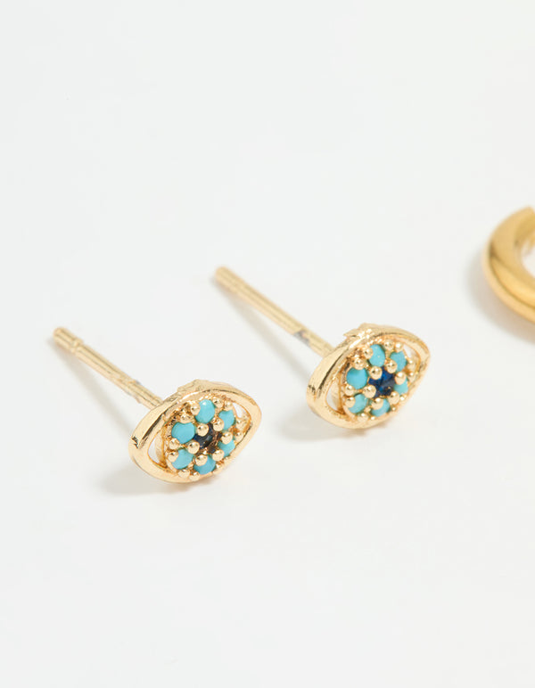 Waterproof Gold Plated Stainless Steel Double Evil Eye Earrings 2-Pack