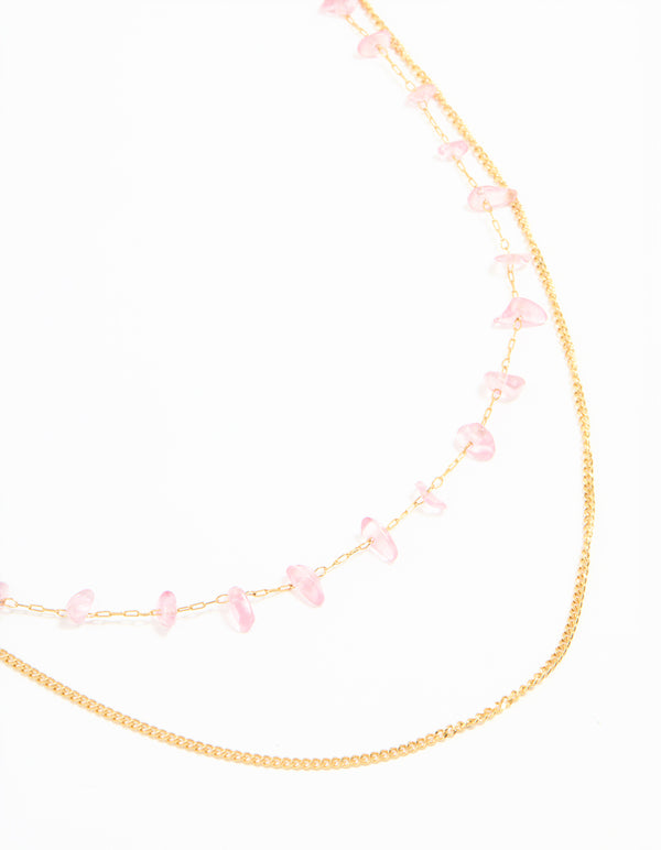 Waterproof Gold Plated Stainless Steel Pink Semiprecious Stone & Chain Layered Necklace