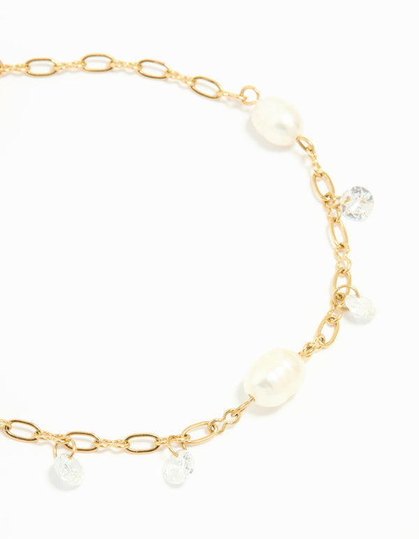 Waterproof Gold Plated Stainless Steel Cubic Zirconia Pearl Bracelet