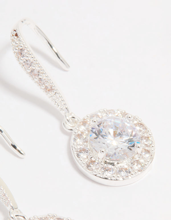 Silver Plated Cubic Zirconia Round Halo Drop Earrings