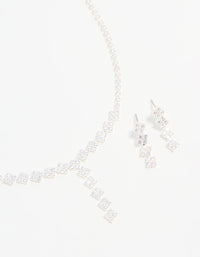 Silver Plated Cubic Zirconia Diamond Shaped Necklace & Earrings Set - link has visual effect only