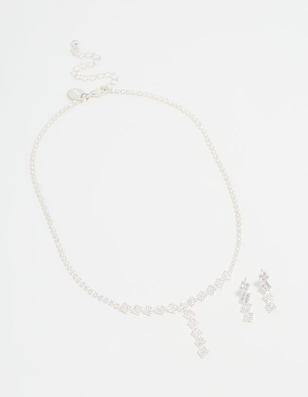 Silver Plated Cubic Zirconia Diamond Shaped Necklace & Earrings Set