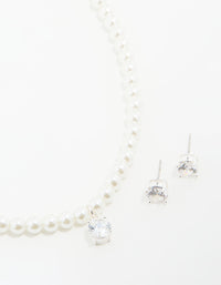 Silver Plated Pearl Cubic Zirconia Necklace & Earrings Set - link has visual effect only