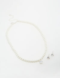 Silver Plated Pearl Cubic Zirconia Necklace & Earrings Set - link has visual effect only