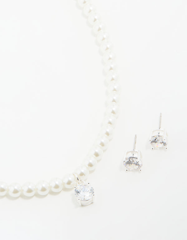 Silver Plated Pearl Cubic Zirconia Necklace & Earrings Set