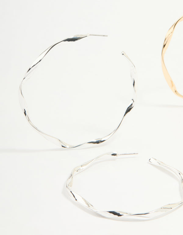 Mixed Metal Twisted Large Hoop Earrings 3-Pack