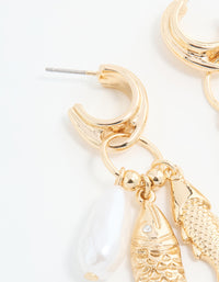 Gold Pearl Fish Charm Hoop Earrings - link has visual effect only
