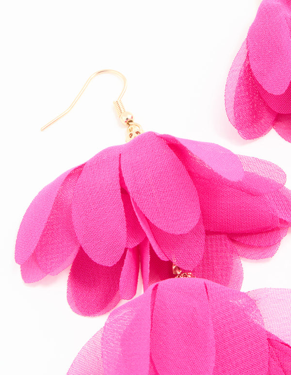Gold Pink Fabric Layered Flower Hook Earrings