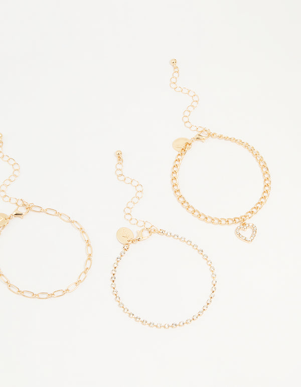 Gold Diamante Mixed Chain Heart Bracelets 3-Pack
