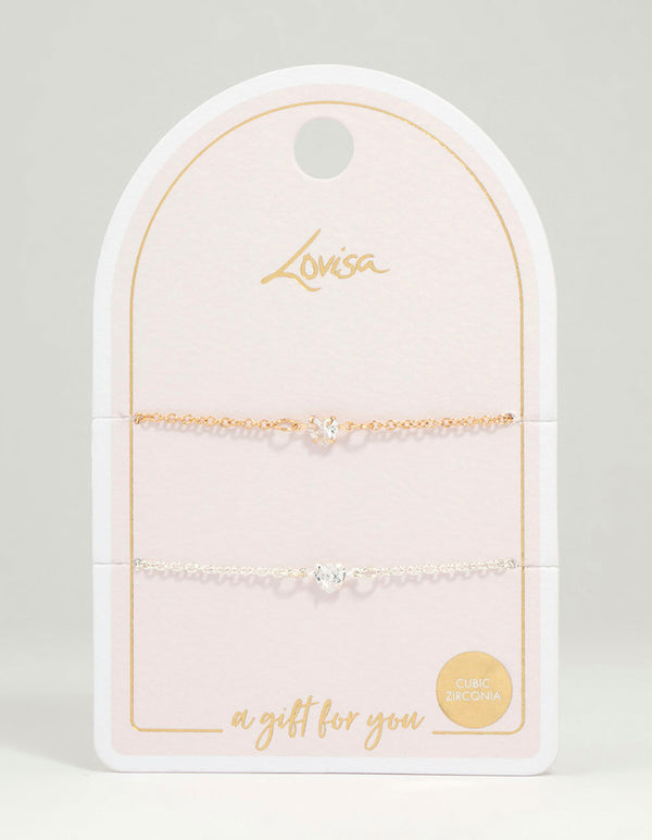 Mixed Metal Cubic Zirconia Heart Bracelets 2-Pack