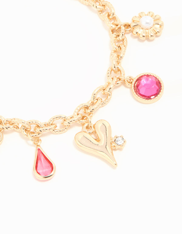 Gold Heart & Flower Charm Bracelet