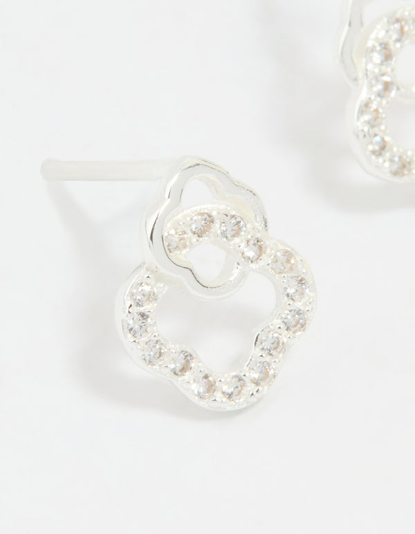 Sterling Silver Cubic Zirconia Double Flower Stud Earrings